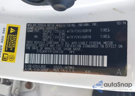2015 Toyota Highlander Xle V6 from USA, damaged, VIN 5TDJKRFH1FS096338